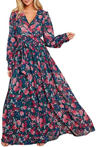 Ybenlow Womens Boho Floral Chiffon Deep V Neck Wrap Long Sleeve Flowy Party Maxi Dresses with Belt