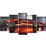 GEVES Framed Wall Art Picture 5 Panels Cool Orange Sports Car Giclee Canvas Print Paintings for Living Room Ready to Hang Home Decor