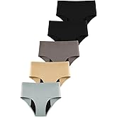 TIICHOO High Waist Period Underwear for Women Heavy Flow Leak proof Seamless Period Bikini Underwear Pack of 5 (Medium, 2Black/Coffee/Khaki/Smoke Green)