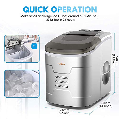 Colzer Portable Electronic Ice Maker Machine, Countertop Ice Maker,Make 9 Ice Cubes within 6-13 Minutes,33lbs Ice in 24 hours,Water Tank and Ice Scoop, Home,Kitchen,Bar,KTV (silver)