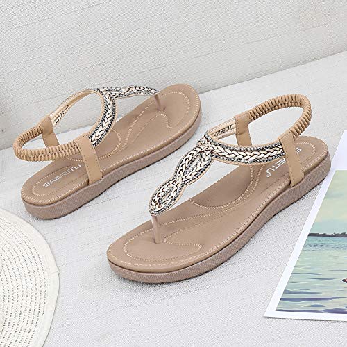 Meeshine Womens Summer Beach Flat Sandals Rhinestone Shiny Beads Slip On Flip Flops Thong Shoes(9 B(M) US,Beige 07)