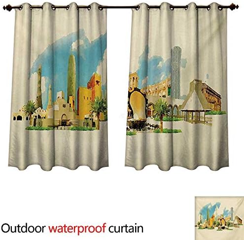 WilliamsDecor Landscape Home Patio Outdoor Curtain Doha Historical Arabian Qatar Avant Garde Watercolor Panorama with Brush Strokes W72 x L72(183cm x 183cm)
