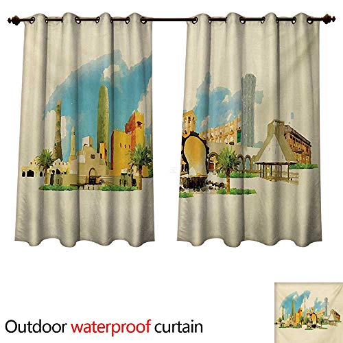 WilliamsDecor Landscape Home Patio Outdoor Curtain Doha Historical Arabian Qatar Avant Garde Watercolor Panorama with Brush Strokes W72 x L72(183cm x 183cm)
