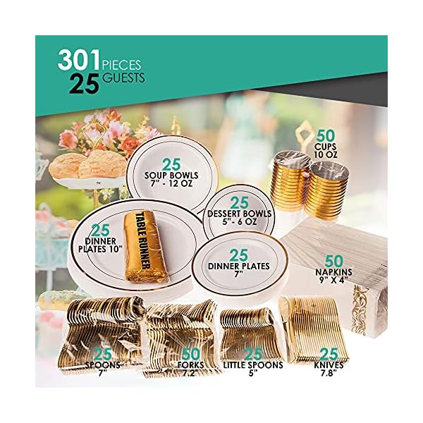 Earths-Dream-Gold-Plastic-Plates-Set-A-Complete-Disposable-Dinnerware-Set-with-100-Party-Plates-25-Dinner-25-Salad-25-Soup-25-Dessert-125-Gold-Silverware-25-Cups-50-Napkins-Table-Runner Earth’s Dream Disposable Dinnerware Set for Christmas: 100 Gold Plastic Plates Set for Party (25 Dinner, 25 Salad, 25…