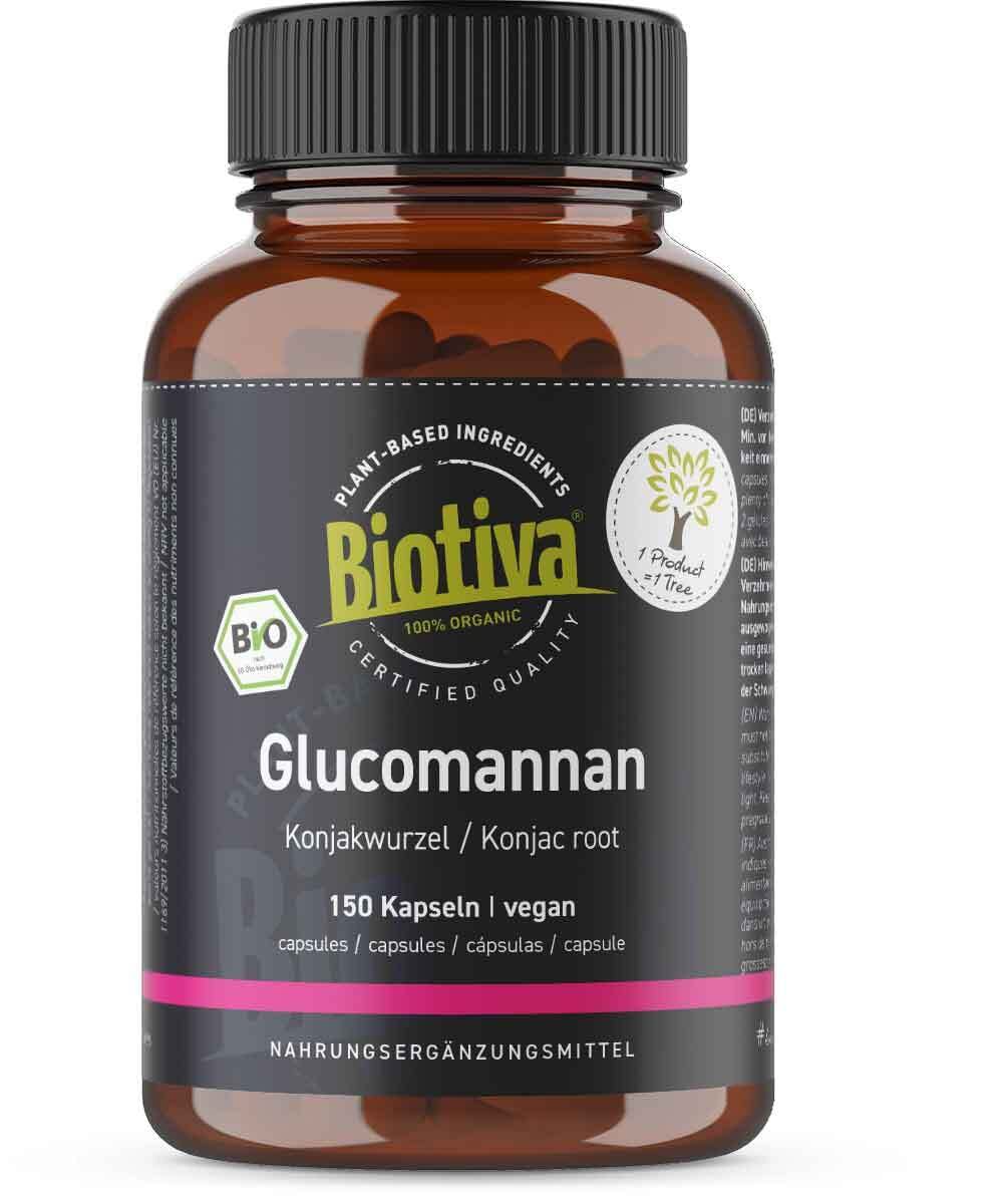 Biotiva Glucomannan high dose Organic - 150 Capsules - Konjac-Root - Low in Calories, for Dieting - Without additives - 100% Vegan