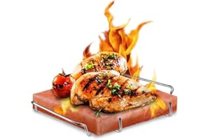 ZK Himalayan Salt Block for Grilling, Cooking, Cutting, and Serving, 8”x8”x1”- Food Grade Rock Salt Plate with Steel Tray, Sa