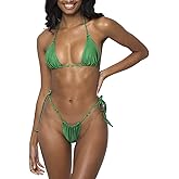 MIYOUJ Women Halter String Bikini Set Sexy Thong Cheeky Two Piece Swimsuits Solid Color Bathing Swimwear