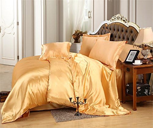 Roch Linen luxurious comfortable and ultra-soft Satin 7 piece Sheet Set with Duvet set !!! Short Queen, Gold