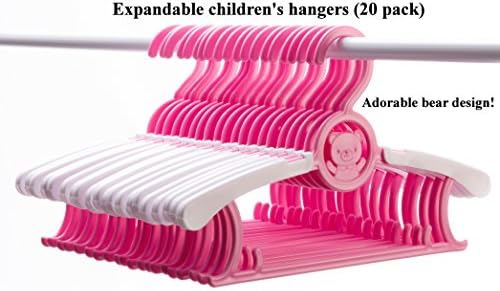 Expandable Children's Hangers (Pink) Set of 20 Value Pack | Infant, Toddler, Baby, Kids to Teen size | Expands from 11 to 14.5 inches in width | Fun Bear Design! | Non-slip | Durable | Long Lasting!