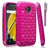 Moto E Case, MP-Mall Moto E 2nd Gen (2015) Studded Rhinestone Crystal Bling Dual Layer Hybrid Defender Armor Case Cover for Moto E 2nd Generation with Stylus (Hot Pink)