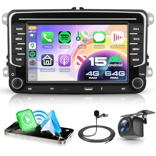 VECHTEL 4G+64G Android 15 Car Radio for VW Golf 5 6 Passat Jetta Caddy EOS T5 Tiguan Touran CC Polo, 7 Inch HD Screen Tactile co Carplay Android Car Wireless GPS WiFi USB Type-C Bluetooth FM RDS Camera