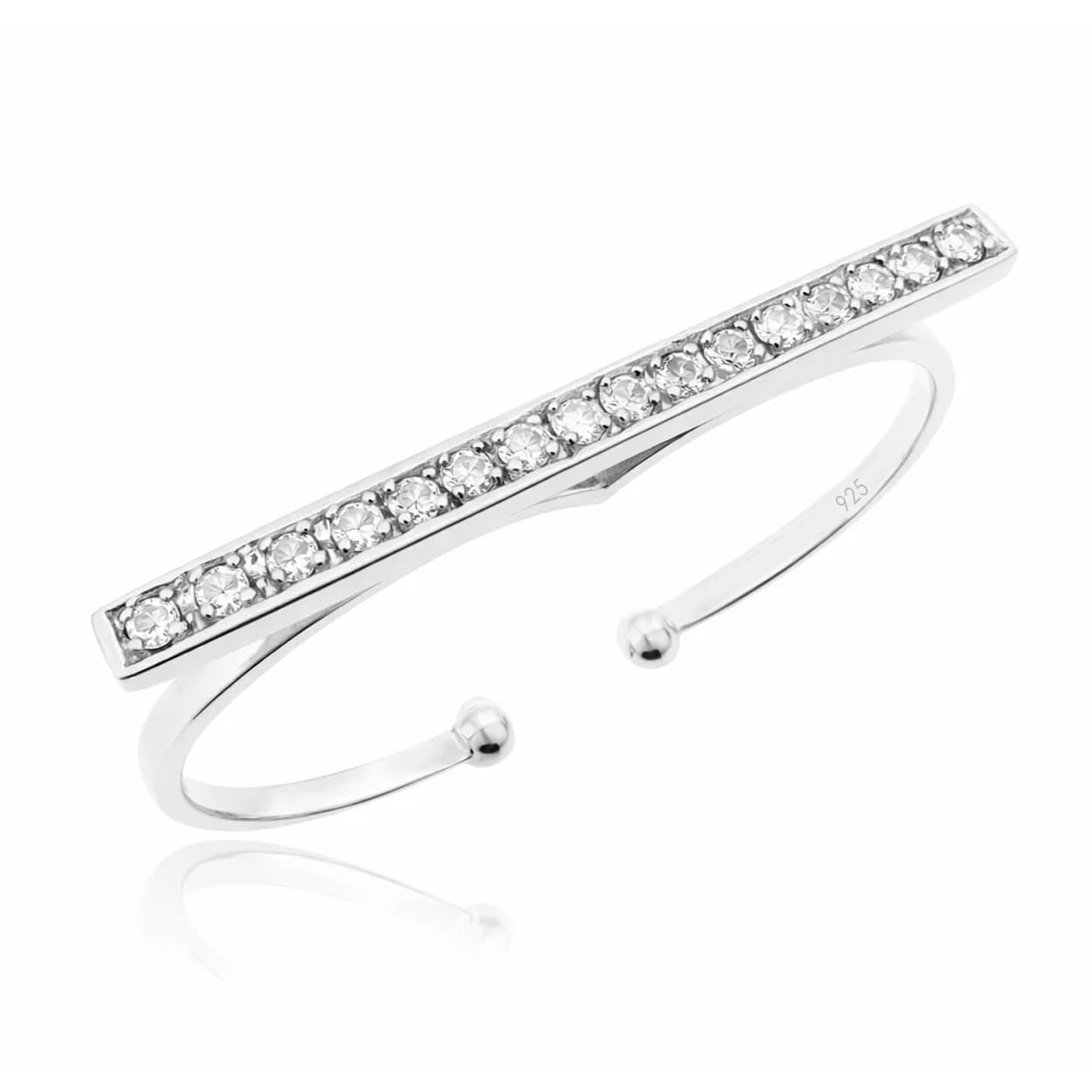 Sovats 925 Sterling Silver Open Cuff Ring with Clear CZ Bar, Minimalist Adjustable Statement Ring for Women