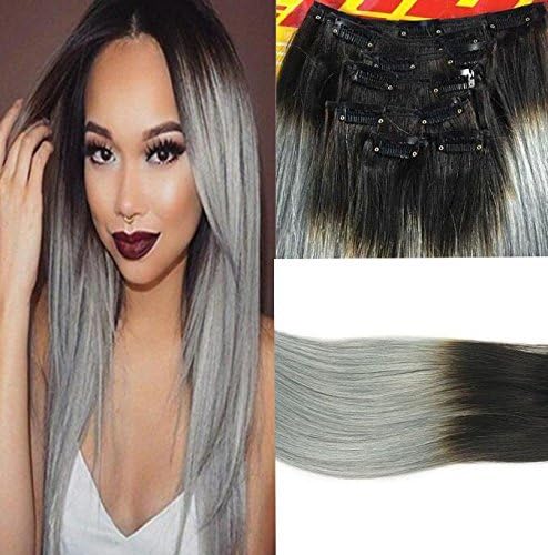 SHINING STYLE Two Tone Ombre Clip In Human Hair Extensions Straight Highlight Hairpiece 8pcs/set 80g Color: #1B/grey (22 Inches)