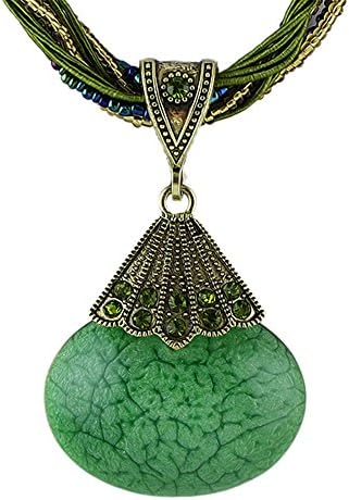 Feelontop Fashion Colorful Braided Beads Chain Big Stone Pendant Necklace with Jewelry Pouch (Green)