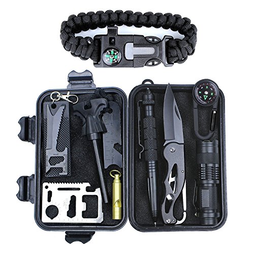 Survival Gear Kit 11 in 1, Professional Outdoor Emergency Survival Tools with Saber Card, Survival Bracelet, Temperature Compass, Powerful Whistle for Camp Hike Earthquake Overseas