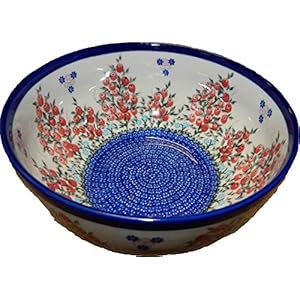 Polish Pottery Ceramika Boleslawiec 0411/282 Royal Blue Patterns 10-Cup Bowl, Red Berries and Daisies