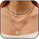 WETMT Layered Boho Necklace for Women Gold Stack Turquoise Bead Chain Necklace Western Coin Pendant Necklace Vintage Long Sequin Y Necklaces Summer Bohemian Country Concert Jewelry