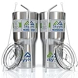SkyyHi 30oz Insulated Tumbler Set – 2 Stainless Steel Cups, 2 Closing Lids, 2 Straws, 2 Cleaning Brushes Bundle – Double Wall Vacuum Water Coffee Travel Mug Tumblers for Cold & Hot Sweat-Free Drinks