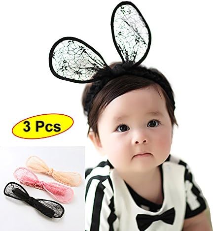 Smartown 3 Pcs Rabbit Ears Lace Elastic Bow–Stretch Headbands for Baby Toddler Girls - Cute Bunny Ear Hairbands for Newborn,Toddler and Childrens - Great Christmas New Year Gift for Baby (3 Colors)