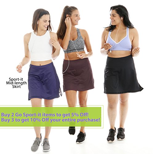 Active Skirt with Underneath Shorts, Mid-Length Skirt Shorts with Side and Waistband Pockets, Tummy Control (Medium, Plum)