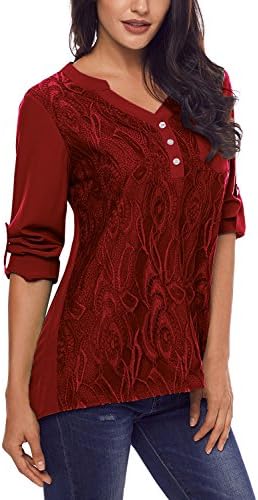 ZerYoYus Womens Loose Solid Cuffed Sleeve Lace Panel Casual Blouses Tops For Girls Wine Red Medium Size