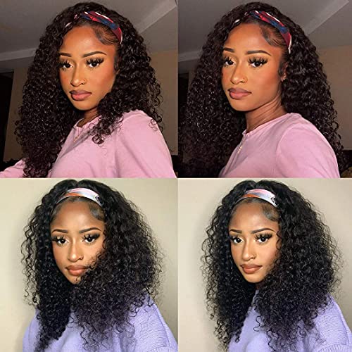TNICE Women's Brazilian Curly Headband Wig No Lace Front Headband Wigs Human Hair Wigs for Women Black Natural Color 150% Density (12 Inches)
