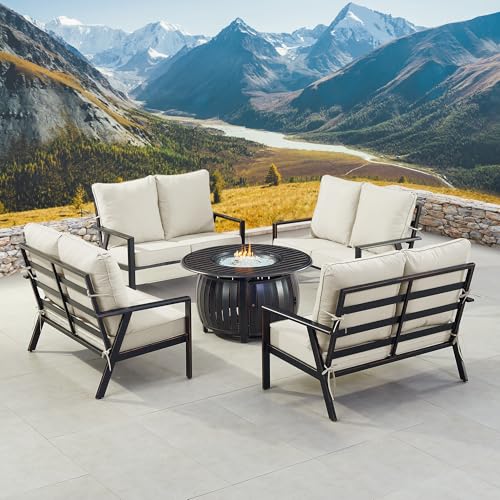 Oakland Living Black Aluminum Patio Fire Table Set with Four Deep Seating Loves…