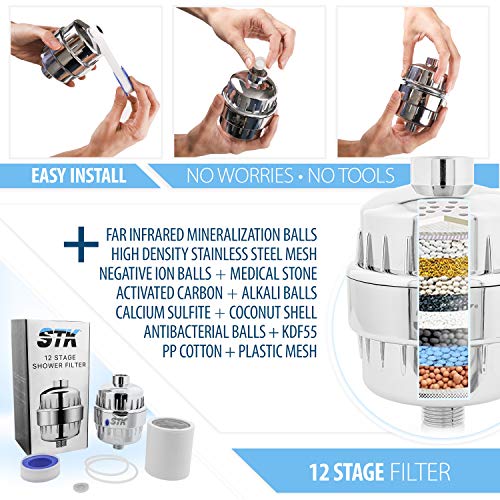 STK High Flow Water Shower Filter to Remove Chlorine and Fluoride and Lead Universal Fitting Chrome with 2 Replacement Cartridges - Shower Head Water Softener For Hard Water Chloramine, Heavy Metals