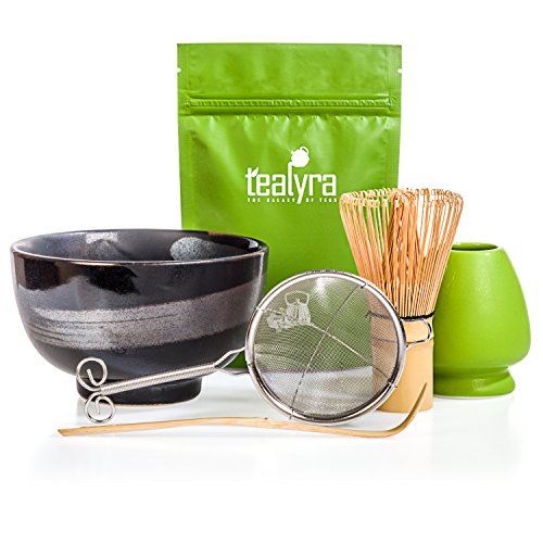Tealyra - Matcha Tea Ceremony Start Up Kit - Complete Matcha Green Tea Gift Set - Premium Matcha Powder - Japanese Made Black Bowl - Bamboo Whisk and Scoop - Holder - Sifter - Gift Box