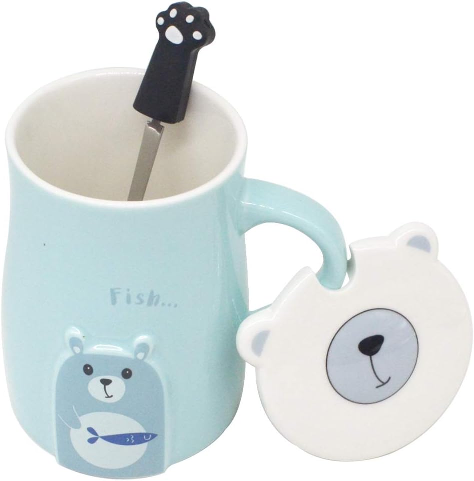 14 oz Ceramic Coffee Mug with Blue Bear, Cute Coffee Mugs for Women, Hot Tea Mug (bear cup blue)