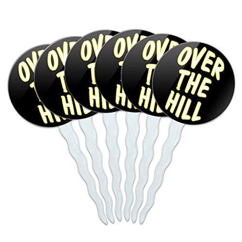 Set of 6 Cupcake Picks Toppers Decoration Birthday Party - Over the Hill Birthday Black Yellow