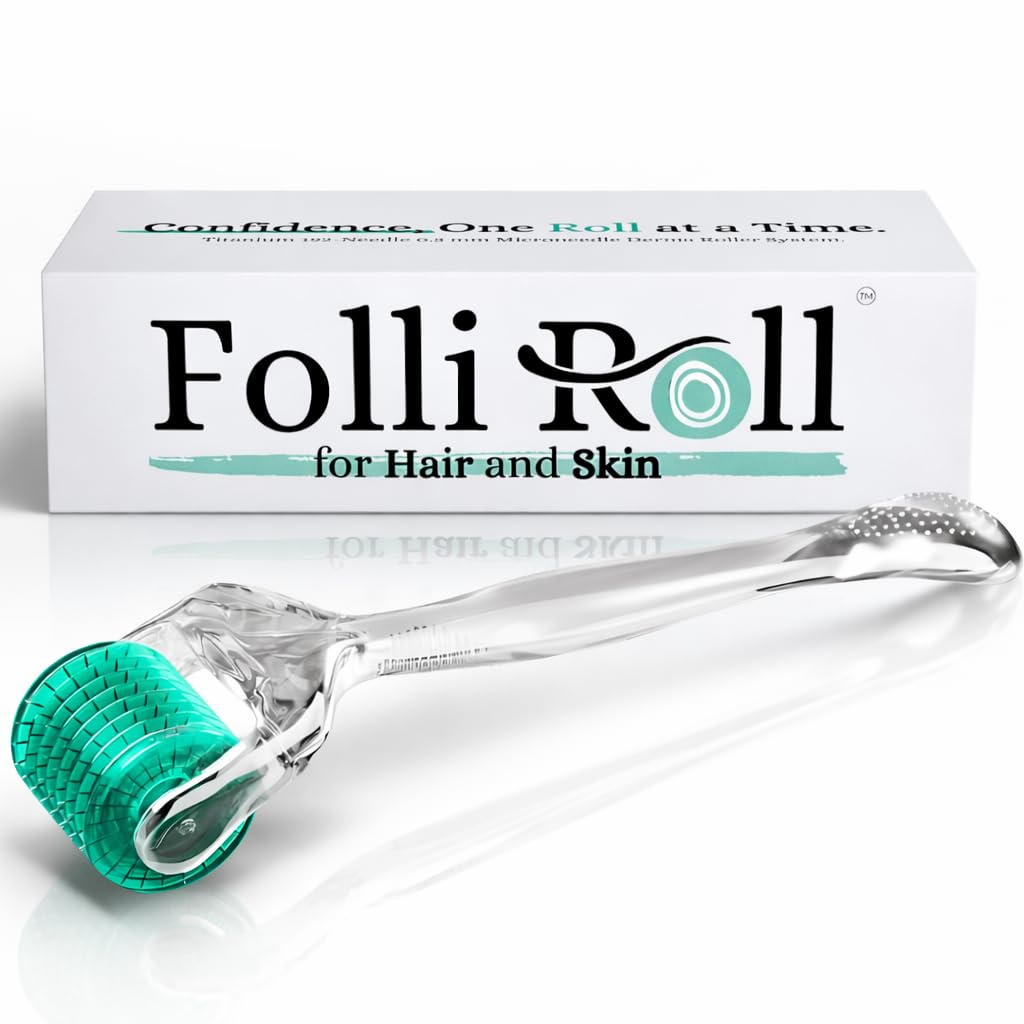 FolliRoll Derma Roller for Hair and Skin - 0.30mm Titanium Microneedles - for Hair Loss, Acne Scars, and Dark Spots - 192 Real Individual Needles with Free Storage Case for Men and Women