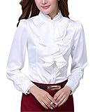 DPO Women's Chiffon Slim OL Ruffle Lace Founcing Front Shirt Long Sleeve Blouse