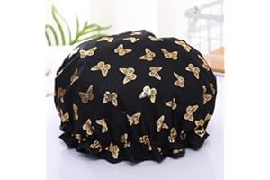 Waterproof Double Shower Cap Gold Printed Terylene Cotton Hair Cap for Women Bathing Essential (Black)