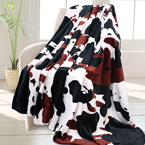Warm Plush Cute Cow Print Throw Blanket - Soft Fleece Flannel, Lightweight Black - Living Room, Bedroom Decor & Gifts - All Seasons - 50" x 60"
