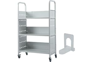 GUDESEN Book Cart w/ 3 Sloped Shelves Double-Sided Book Truck 450LBS Rolling Library Cart with 4 Swivel Lockable Casters for School Library,Home and Office/White