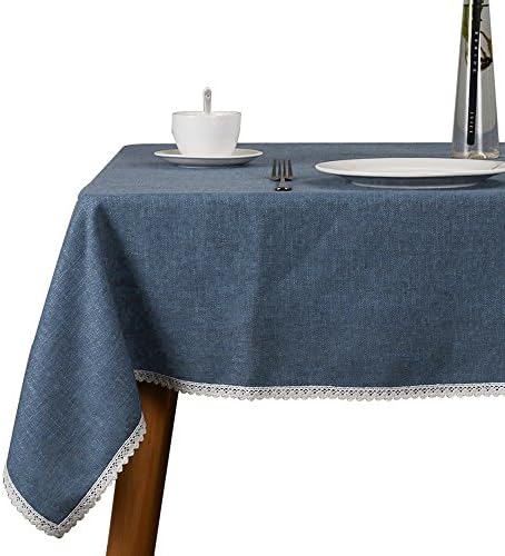 VU100 Cotton Linen Tablecloth Blue Pure Color (52x52in-132x132cm) Washable Stain Dust Proof Large Square Table Cloth with Decorative Lace Edge