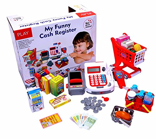 2 IN 1 Electronic Cash Register Toy/Shopping Cart w/scanner and Credit Card Reader Realistic Actions & Sounds learning toy cash register for kids (41pc) (US Seller)