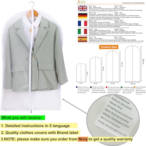 Niviy 6 x 60 x 100 cm Anti-Dust Waterproof Moisture Proof Zip Protective Covers for Shirt Suits/Coats (White)