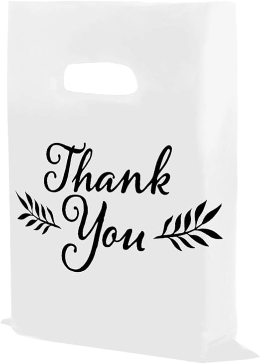 Amazon.com: Houseables Thank You bolsas de mercancías, bolsa de compras al por menor, plástico, 16 pulgadas x 18 pulgadas, 100 unidades, 1.75 mil de espesor, baja densidad, brillante, color blanco y negro,