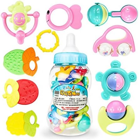ROWAG 10 Pieces Baby Rattles and Teethers Playset with Gift Bottle Educational Infants Toys for Toddler Newborn