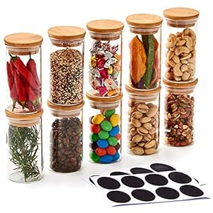 EZOWare set van 10 luchtdichte doorzichtige, glazen kruidenpotjes, opbergpotjes, met bamboe deksels en krijtbord…