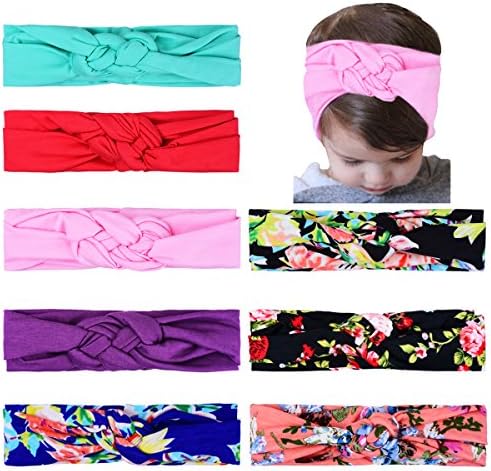 TinTop Headbands Baby Cute Girl Floral Printed Turban Head Wrap Elastic Hairband Stretchy Hair Bows Cross Knot Hair Clips for Babies (8 Pack)