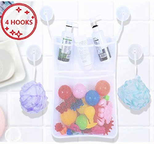 Bath Toy Organizer Mesh Bag Tub + Ultra Strong Hooks ,Net For Bathtub Toys &amp; Bathroom Storage For Baby Kids, Toddlers &amp; Adults.(White Bag x 1+ Hooks x4) (WHITE)