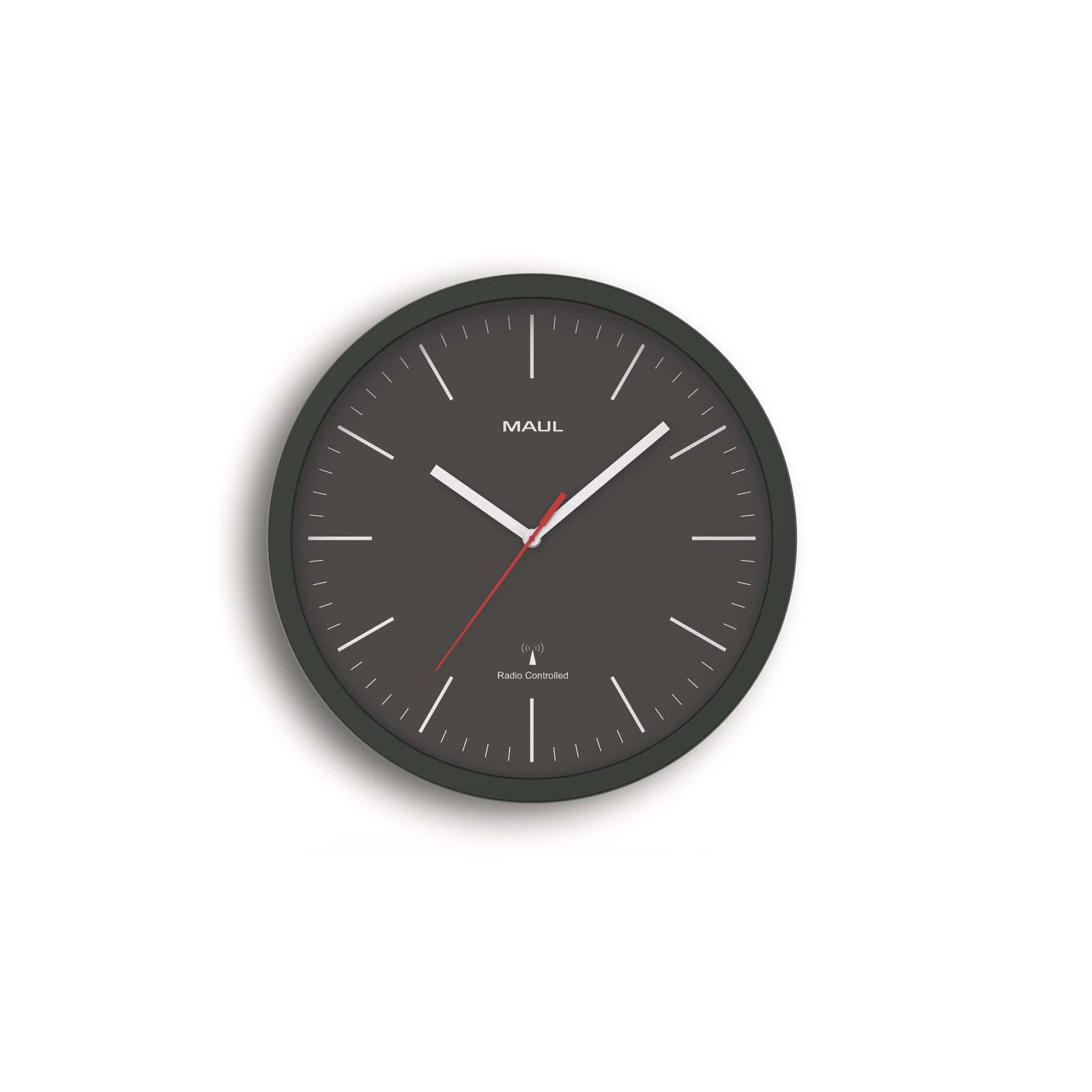 MAUL MAULjump Wall Clock Diameter 30.5 cm | Stylish Radio Clock Made of Mineral Glass | Automatic Time Setting | Ideal for the Office, Home Office and Workplace | Includes Battery | Black