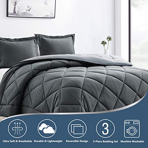 CozyLux King Reversible Comforter Set Dark Grey/Light Grey Lightweight