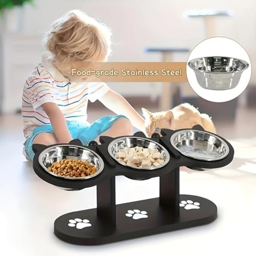 Last page® Raised Feeding Bowl, Cat and Dog Indoor with Black Stand, 3 Stainless Steel Adjustable Height Pet Feeding Set, 15° Tilt Raised Dog Bowl Stand (Black)