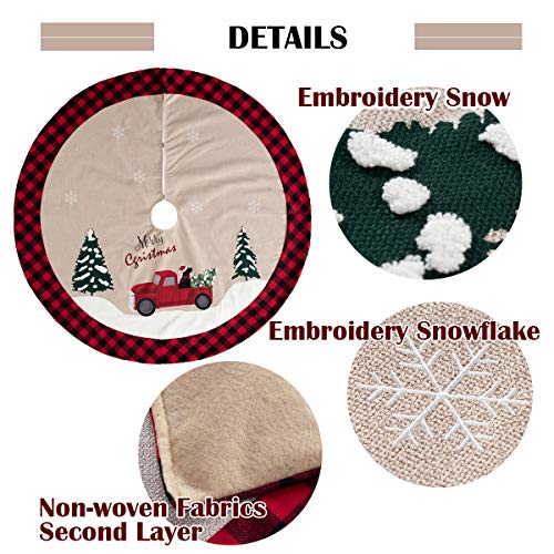 GMOEGEFT 48 Inches Christmas Tree Skirt Burlap with Buffalo Check Trim Rustic Truck and Dog Printing Xmas Home Decoration Ornaments (Truck & Dog)
