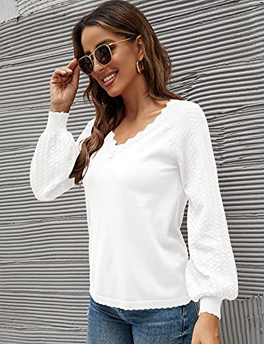 IECCP Women\'s V Neck Balloon Long Sleeve Knit Pullover Lace Patchwork Comfy Knit Blouse Sweater Tops Loose T Shirts