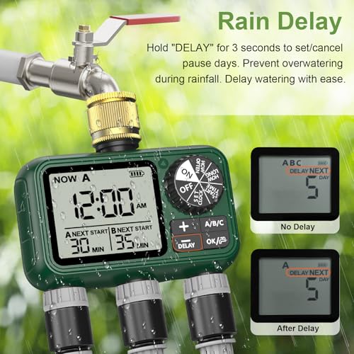 Water Timer 3 Outlets with Brass Inlet, Programmable Sprinkler Hose Waterproof Timer, Automatic prinkler Timers with Rain Delay/Manual Watering/large LCD display for Irrigation Lawn Yard